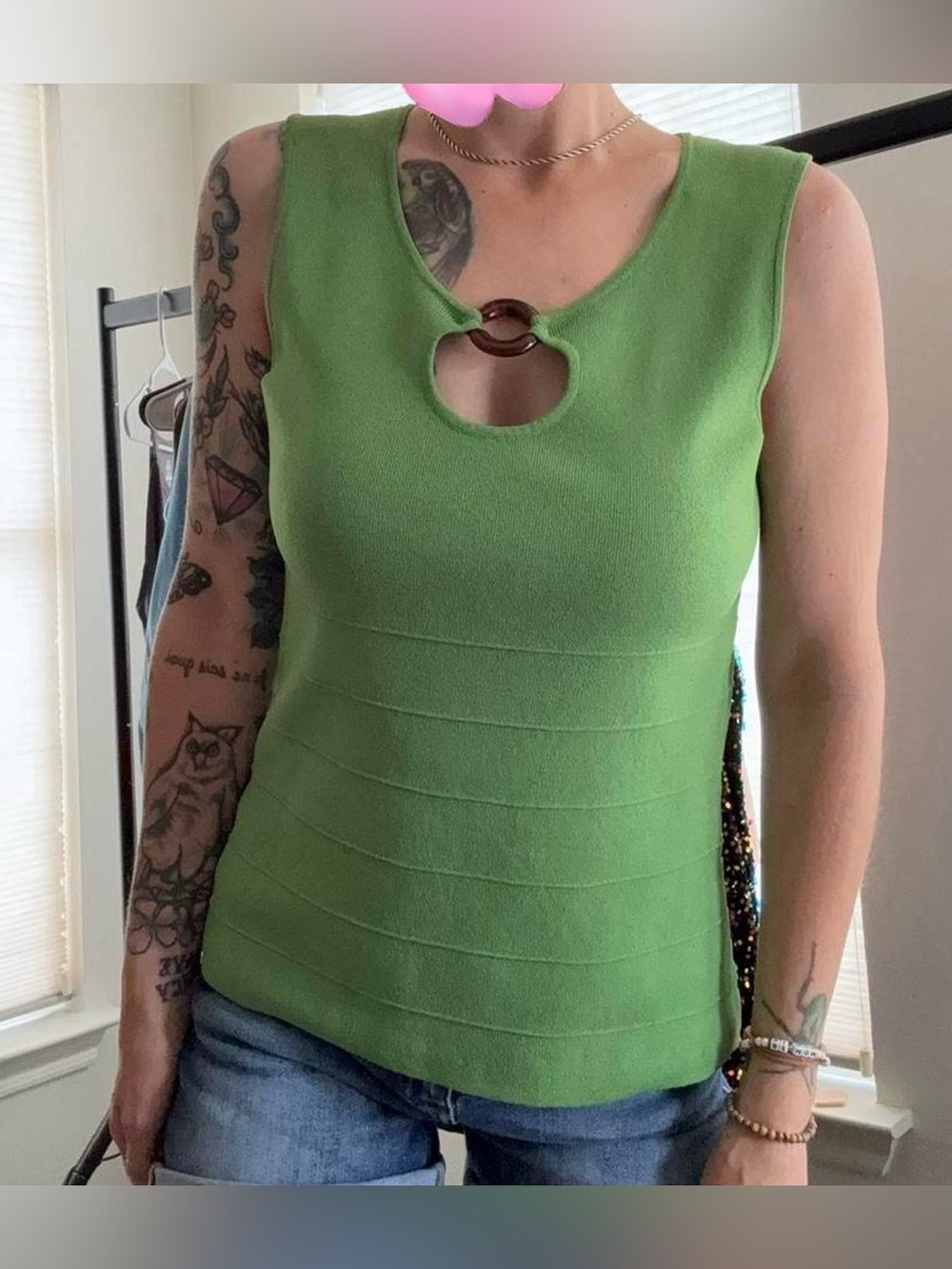 Cable & Gauge Green Sleeveless Knit Tank with Tortoise Ring Keyhole